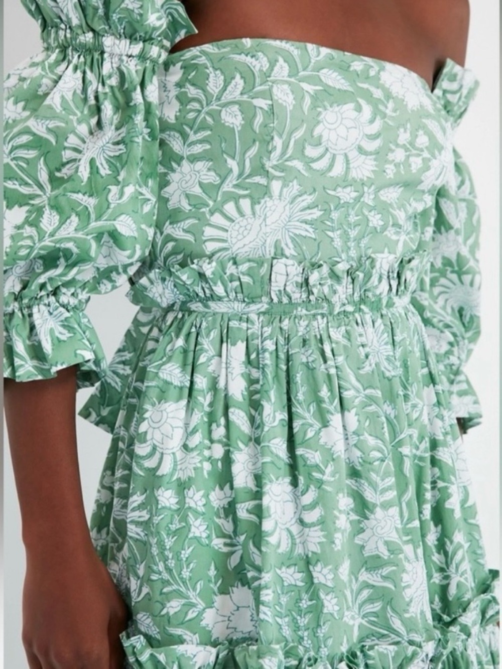 EDDY Olivia Midi Dress Green Ivory Floral Puff Sleeve Bow Back NWT Size S - Picture 7 of 15
